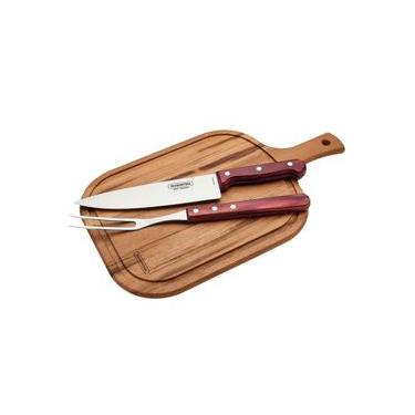 Imagem de Kit Churrasco 3 Peças Faca Garfo e Tábua Madeira 23x40 Aço Inox Cabo Polywood Vermelho Tramontina