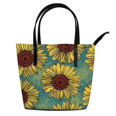 Imagem de Bolsa de ombro feminina com flores amarelas e laranjas de couro, bolsa de trabalho grande casual