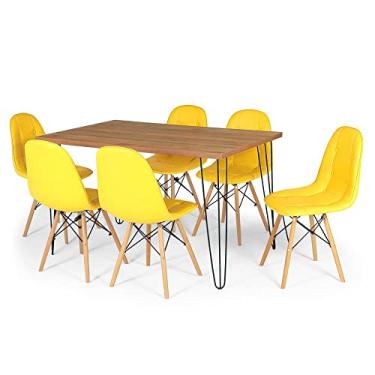 Imagem de Conjunto Mesa de Jantar Hairpin 130x80 Natural com 6 Cadeiras Eiffel Botonê - Amarelo