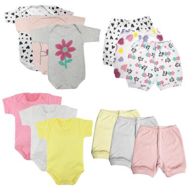 Imagem de Kit Roupas de Bebê 12 Peças Body Manga Curta e Short Suedine