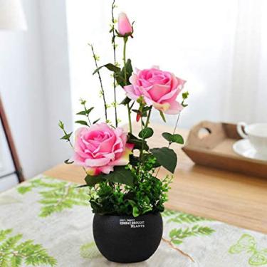 Imagem de KRASS Flor artificial em vaso flor rosa artificial com vaso rosa vívida planta de flor de rosa decoração de mesa de centro de mesa ornamento de mesa, rosa rosa, colecionador88