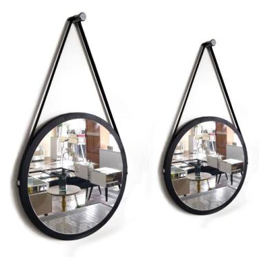 Imagem de Kit 2 Espelhos Adnet Redondo Com Alça De Couro Decorativo Banheiro Par