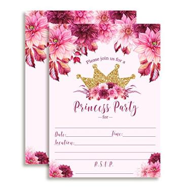 Imagem de Convites de festa de aniversário de princesa floral aquarela com coroa rosa e vinho dálias e dourado com purpurina, 50 cm x 17,7 cm com 20 envelopes brancos da AmandaCreation