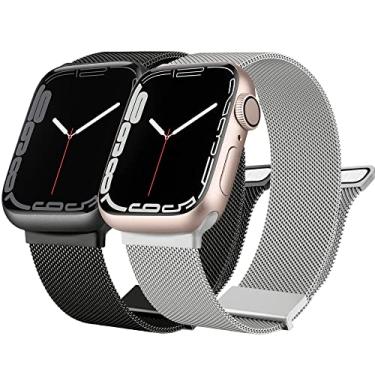 Imagem de [Pacote com 2] Pulseiras de metal de aço inoxidável compatíveis com Apple Watch de 41 mm, 40 mm, 38 mm, pulseira magnética de malha milanesa para Apple Watch Series 8, 7, 6, 5, 4, 3, 2 SE, prata e preto)
