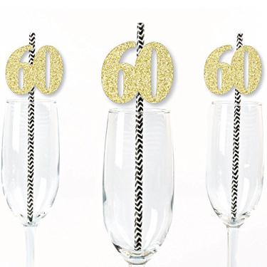 Imagem de Canudos de festa Gold Glitter 60 – Números recortados com glitter dourado real e canudos decorativos para festa de aniversário de 60 anos – Conjunto com 24
