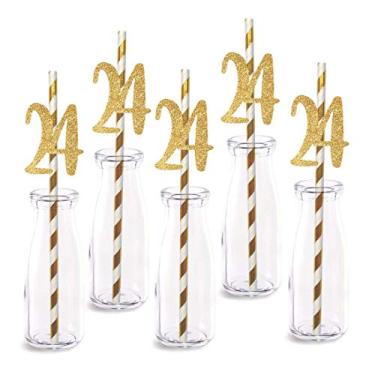 Imagem de Decoração de canudo de papel para aniversário de 24 anos, pacote com 24 números de corte de glitter dourado real Happy 24 anos canudos decorativos de festa