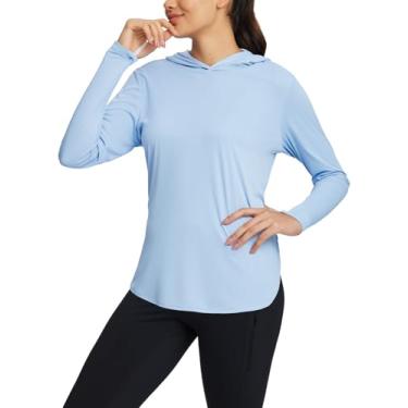 Imagem de BALEAF Camisa de sol feminina FPS 50+ com capuz FPS manga longa proteção UV roupas caminhadas pesca ao ar livre leve, Azul claro, P