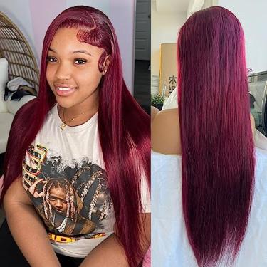Imagem de ELENINE Peruca frontal de renda bordô, cabelo humano, liso, pré-arrancado com cabelo de bebê, 99J, frente de renda 13x4, Remy brasileiro, densidade de 150%, vinho, 81 cm