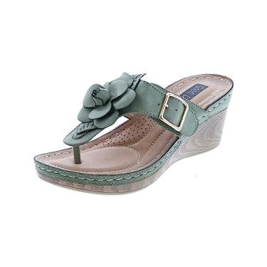 Imagem de GC Shoes Sandálias femininas anabela, sandália plataforma de salto médio com bico aberto, tanga de couro vegano confortável ou anabela, Verde Fl, 8