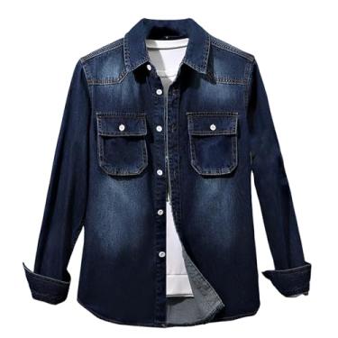 Imagem de Camisa jeans masculina de manga comprida, ajuste solto, cor gradiente, gola aberta, bainha reta, Cor 1, 4G