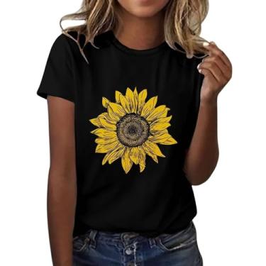 Imagem de Camiseta feminina com estampa floral de girassol, manga curta, gola redonda, moda feminina, gola rolê, manga comprida, Preto, XXG