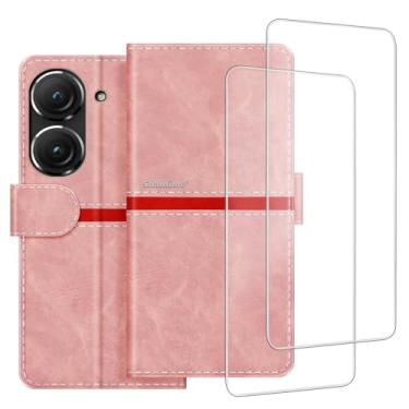 Imagem de ESACMOT Capa de telefone compatível com Asus ZenFone 9 + [2 unidades] película protetora de tela de vidro, capa protetora magnética de couro premium para Asus ZenFone 10 (5,9 polegadas) rosa