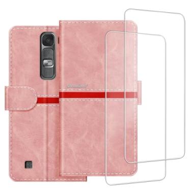 Imagem de ESACMOT Capa de celular compatível com LG Magna + [2 unidades] película protetora de tela de vidro, capa protetora magnética de couro premium para LG G4 Mini (5 polegadas) rosa