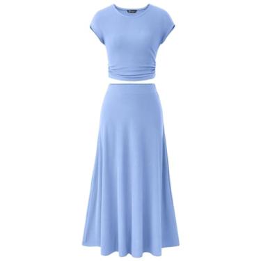 Imagem de Zcargel Conjunto feminino casual de malha cropped e saia de cintura alta, estilo britânico elegante, Azul claro, GG