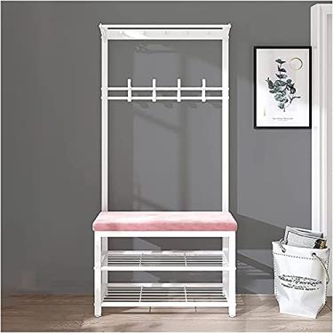 Imagem de Banco de entrada com cabideiro, banco de armazenamento de árvore 3 em 1, cabideiro, banco de sapatos com ganchos, sapateira, almofada de veludo, fácil de montar