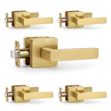 Imagem de LOQRON Alavanca de porta quadrada sem trava, maçaneta de porta resistente dourada escovada sem trava para porta de armário de corredor, pacote com 5 maçanetas reversíveis por atacado para