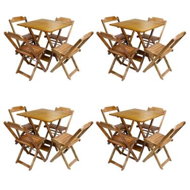 Imagem de Kit 4 Jogos de Mesas Quadradas 70x70 em Madeira Maciça com 4 Cadeiras - Caramelo
