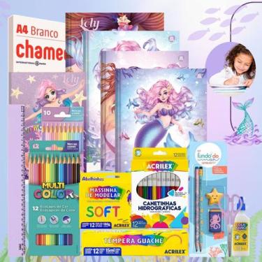 Imagem de Kit Material Escolar Volta As Aulas Infantil 70 itens Sereia Loly Ensi