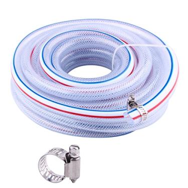 Imagem de DERPIPE Tubo de PVC trançado macio – 9,5 mm x 1,5 cm OD de alta pressão tubo de PVC flexível transparente tubo de vinil reforçado para água, óleo com 2 braçadeiras de mangueira (7,5 m)