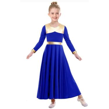 Imagem de ZYACTU Vestido de dança de louvor para meninas, metálico, manga comprida, fantasia litúrgica, roupa de dança lírica, roupão de igreja, 02 - Azul royal, 11-12 Anos