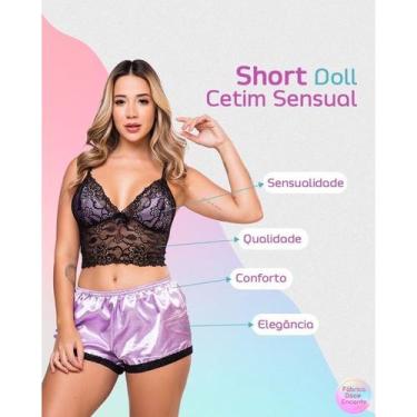 Imagem de Baby Doll Pijamas Feminino Short Dool Cetim Sensual Renda Luxo - Noite