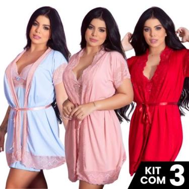 Imagem de Kit 3 Robes  Renda Luxo  Feminino Noiva Sexy Roupão de Banho Kimono Ro