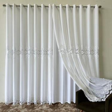 Imagem de Cortina De Linho Bordado Guipir Com Forro Microfibra 3,00x2,20 - Salva