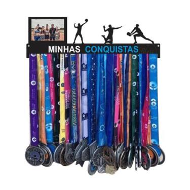 Imagem de Porta Medalhas Volei MINHAS CONQUISTAS QUADRO COM FOTO MDF Preto 20 Ga