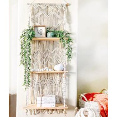 Imagem de Prateleira para pendurar na parede SnugLife Macrame – Prateleiras de parede de 3 níveis com corda de tecido feita à mão – Organizador de prateleiras Boho para cozinha, banheiro, armazenamento em casa, prateleira de parede flutuante interna de plantas (madeira de pinho)