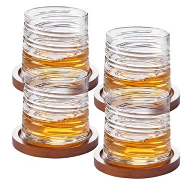 Imagem de ACHEER Conjunto de 4 copos de uísque de cristal giratório grande de 293 ml, copos giratórios à moda antiga, copos de barra de rochas para copos, com porta-copos de bambu, caixa de presente