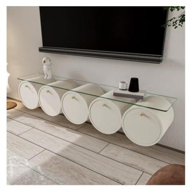Imagem de Armário de TV montado na parede, suporte de TV flutuante criativo montado na parede com mesa de vidro, armário de TV flutuante moderno console de mídia flutuante com 5 gavetas de armazenamento armário