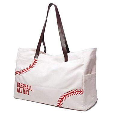 Imagem de Bolsa de mão feminina de beisebol grande casual lona esportiva mãe praia bolsa de viagem, Embroidery Seams, Largr