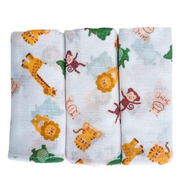 Imagem de Fralda Pano de Ombro Bebe Com Bainha 100% algodão Camada Dupla Enxoval Maternidade Kit 3 Unidades (Safari)