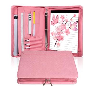 Imagem de Pasta de poliuretano super rosa de malha elegante, portfólio de fichário de couro vegano para mulheres, fichário de portfólio de 3 anéis com zíper, bolso para notebook agenda A4, portfólio de tamanho