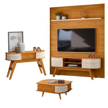 Imagem de Estante Home Theater com Bancada Laguna com Aparador Estoril e Mesa de Centro Indianápolis Cinamomo Off White – Madetec
