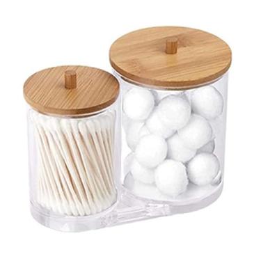 Imagem de Porta Algodão E Cotonete Duplo Suporte Acrílico C/ Tampa Bambu Caixa Organizador Cosméticos Dispenser Bola E Discos Algodão Pote Armazenamento Transparente Maquiagem Kit Banheiro Redondo