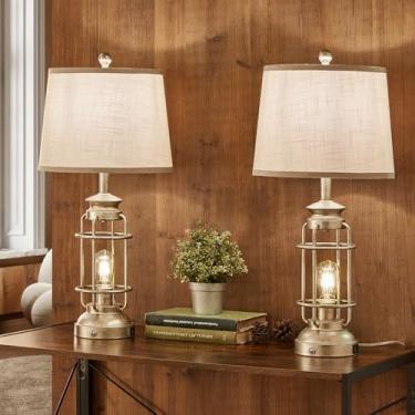 Imagem de YIMNOVP Luminária De Mesa Industrial Retrô De 28,5" Para Sala De Estar E Quarto, Conjunto Com 2 Lâmpadas De Cabeceira Com Controle De Toque E Regulagem, Estilo Fazenda, Com Portas De Carregamento U