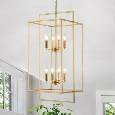Imagem de QAREHL Lustres De Teto Alto Dourados, Luminária Pendente Moderna De Entrada De Fazenda, 15,74'', 8 Lâmpadas, Lustre Para Sala De Jantar, Cozinha, Ilha, Corredor, Escada, Sala De Estar