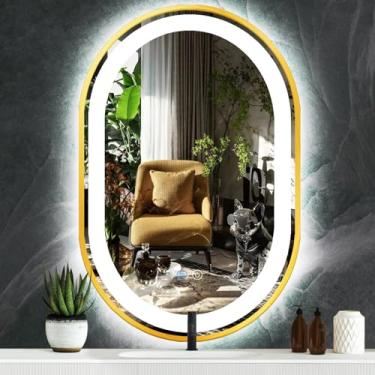 Imagem de TiliKuly Espelho De Penteadeira Oval Dourado De 20 X 32 Polegadas Com Led E Luzes, Memória Inteligente, 3 Cores, Regulável, Antiembaçante, 32 Polegadas, Moldura Dourada, Espelho Oval Iluminado Para