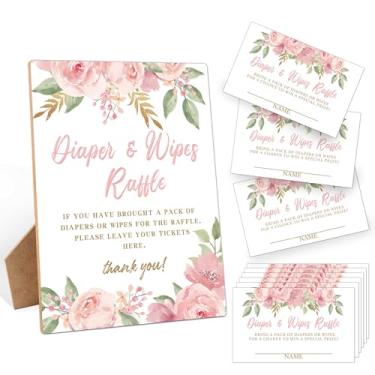 Imagem de Sorteio de lenços umedecidos, sorteio de fraldas de flores rosa para chá de bebê, 1 placa de madeira com 50 cartões de sorteio de fraldas, atividade de jogo para chá de bebê, decorações de