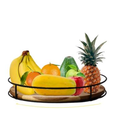 Imagem de Bandeja Giratória de Centro de Mesa, Base de Madeira com Borda Metálica, 38 cm, para Frutas e Alimentos