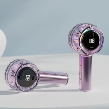 Imagem de Ventilador portátil portátil, design bonito totalmente transparente, ventilador de mão pessoal com visor LED 5 velocidades de vento luz noturna colorida, ventilador USB para viagem, praia, acampamento