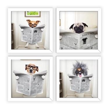 Imagem de Kit 4 Quadros Decorativos Banheiro, Lavabo, Dogs 2 18x18 Cm (Branco)