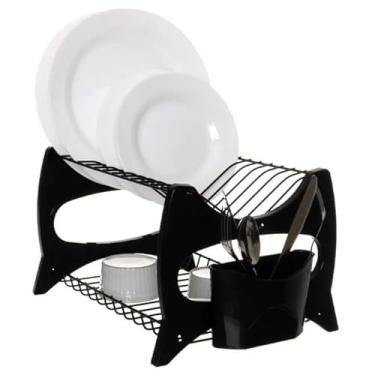 Imagem de Escorredor Preto De Louça Cozinha Prato Duplo Porta Talheres