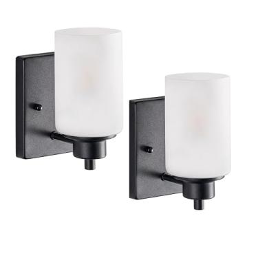 Imagem de Youroke Luminária De Banheiro Com 2 Unidades, 1 Luminária, Arandela Parede Para Banheiro, Estilo Fazenda, Sala Estar, Varanda, Cabeceira, Acabamento Preto Cúpulas Vidro Fosco Branco Montadas