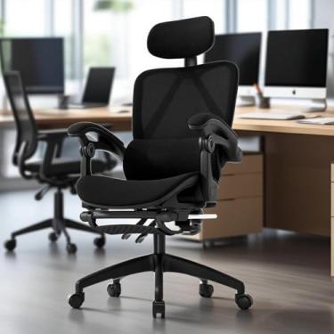 Imagem de Cadeira de escritório ergonômica reclinável até 145° com apoio para os pés, almofada de ar, cabide e apoio de cabeça ajustável – Gamer e home office (Preto)