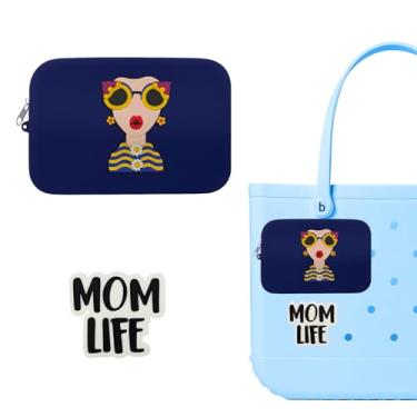Imagem de HMGES Bolsa de silicone com zíper para bolsa Bogg – Inclui 1 pingente "Mom Life" – Suporte de telefone bonito com desenho animado de menina – Serve para todas as bolsas de praia de borracha - azul