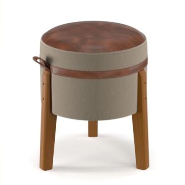 Imagem de Puff Bege Redondo Banqueta em Linho e Couro Suporta Até 120KG - Rest - Loja Inova BR (Bege)