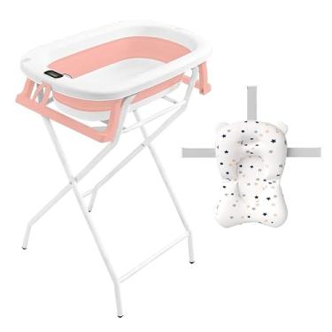 Imagem de Banheira Infantil de Bebê Dobrável com Suporte Termômetro Almofada (Rosa)