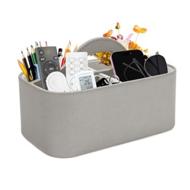 Imagem de Yomjarl Suporte de controle remoto, organizador de controle de TV de couro com alça, suporte de mesa com 4 compartimentos para caneta, correio, telefone, DVD, pincel de maquiagem, reprodutor de mídia